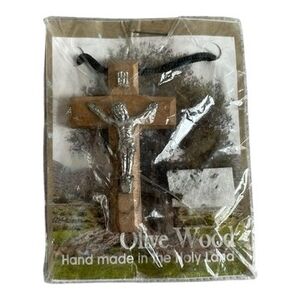 Vintage 2" Olive Wood Crucifix Pendant Necklace Religious Christian Jewelry NIP
